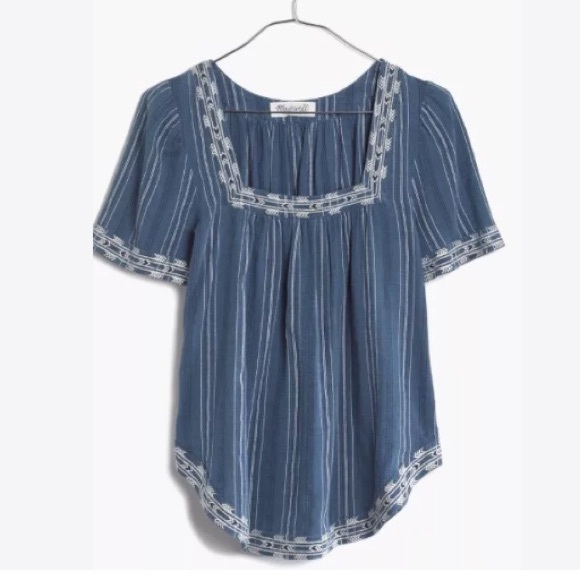 Madewell Tops - Madewell Arrow Stitch Blue Peasant Top